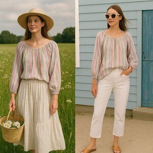 Tommy Bahama Multicolor Striped Women’s Peasant Top Coastal Boho Resort core